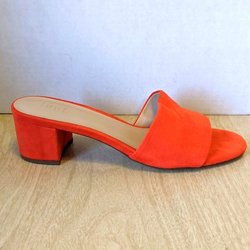 Find. Bright Coral Colored Faux Suede Mules with Chunky Heel Size 8